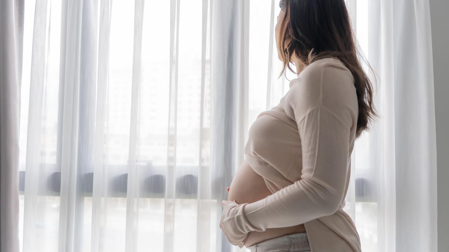 A pregnant woman stands in front of a window facing away from the camera