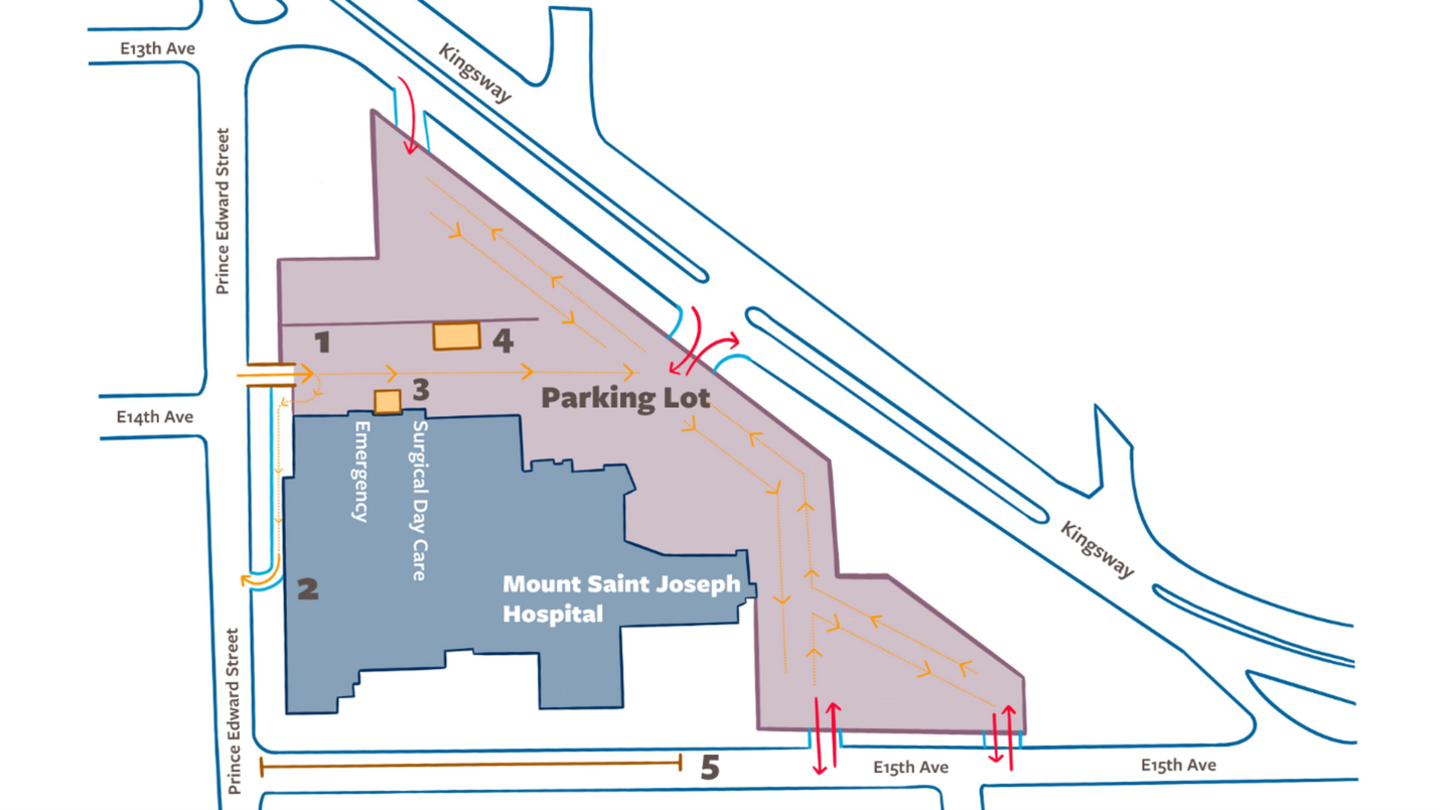 Map showing exits and entrances to the Mount Saint Joseph hospital parking lot